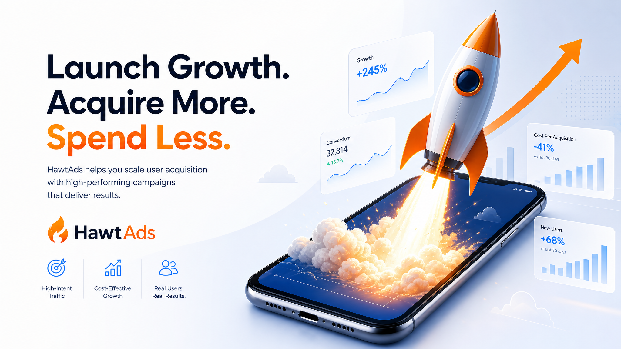 A professional B2B SaaS illustration showing a rocket ship launching from a smartphone screen, symbo