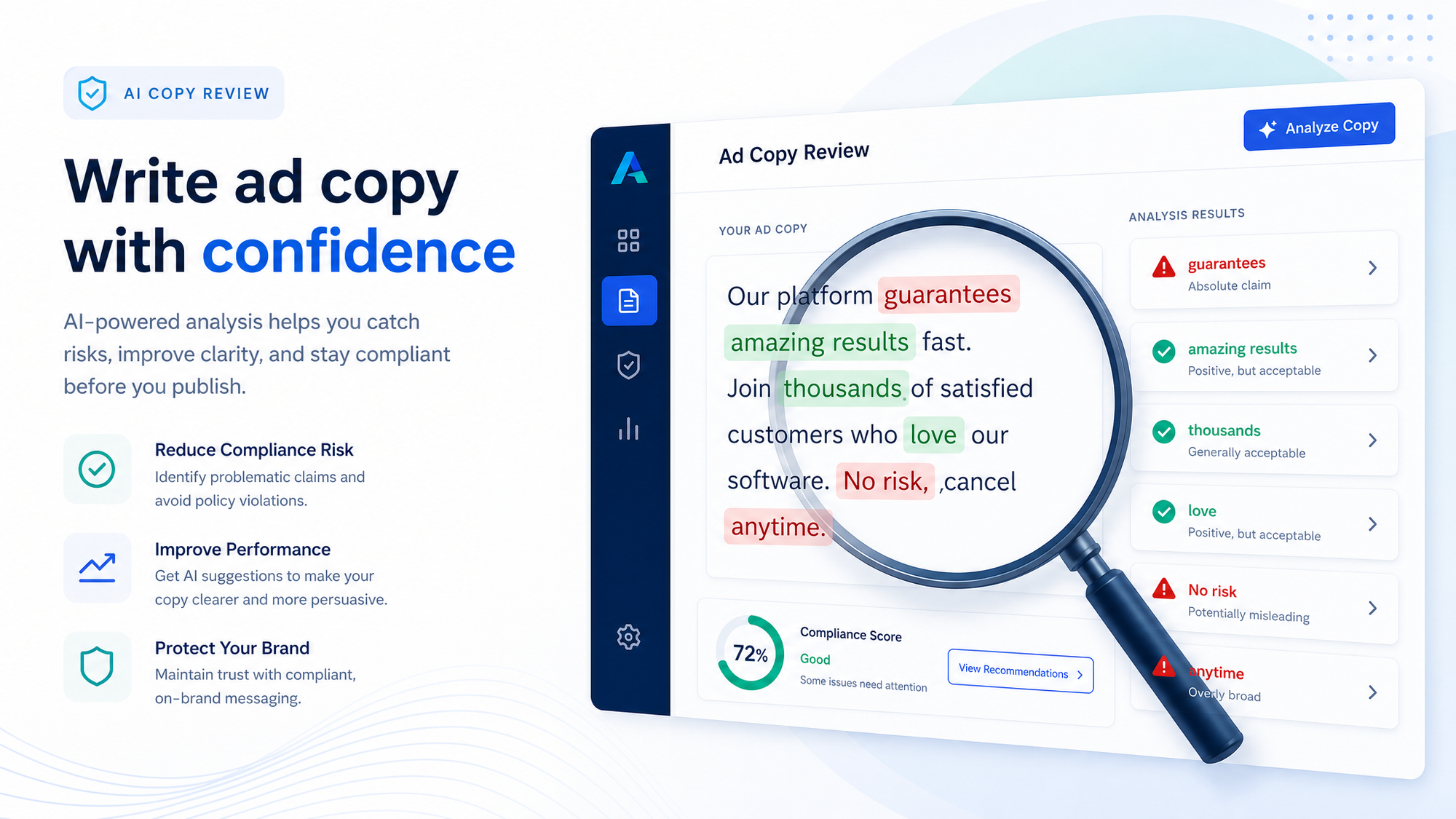 A professional B2B SaaS illustration showing a digital magnifying glass inspecting ad copy text, wit
