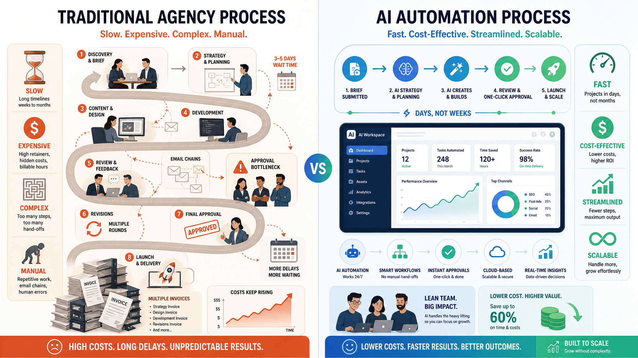 A comparative infographic illustration showing a slow, expensive traditional agency process on the l