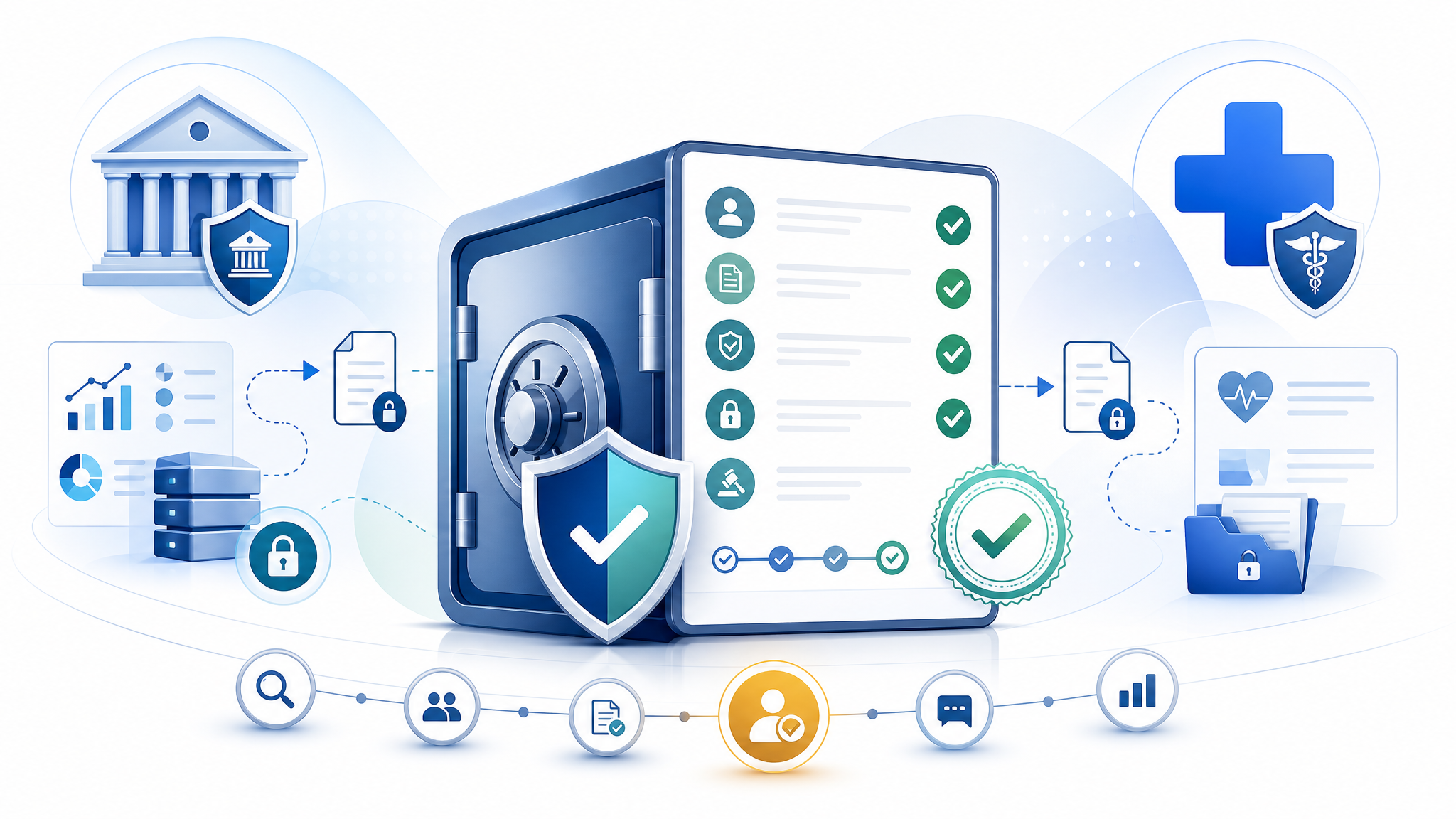A professional B2B SaaS illustration depicting a secure digital vault or checklist with a shield ico
