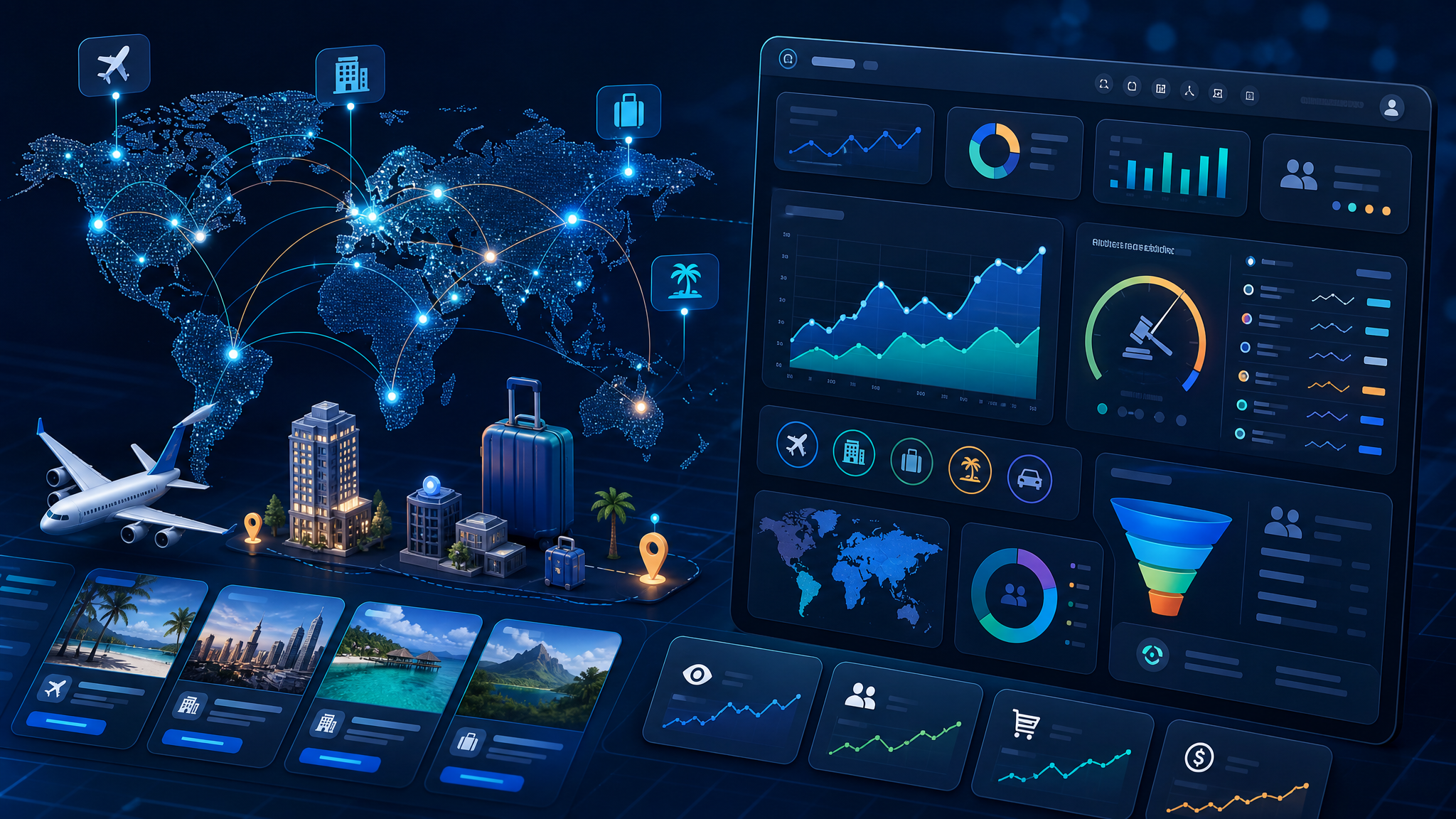A B2B SaaS style illustration showing a global map with glowing nodes connected to a digital adverti