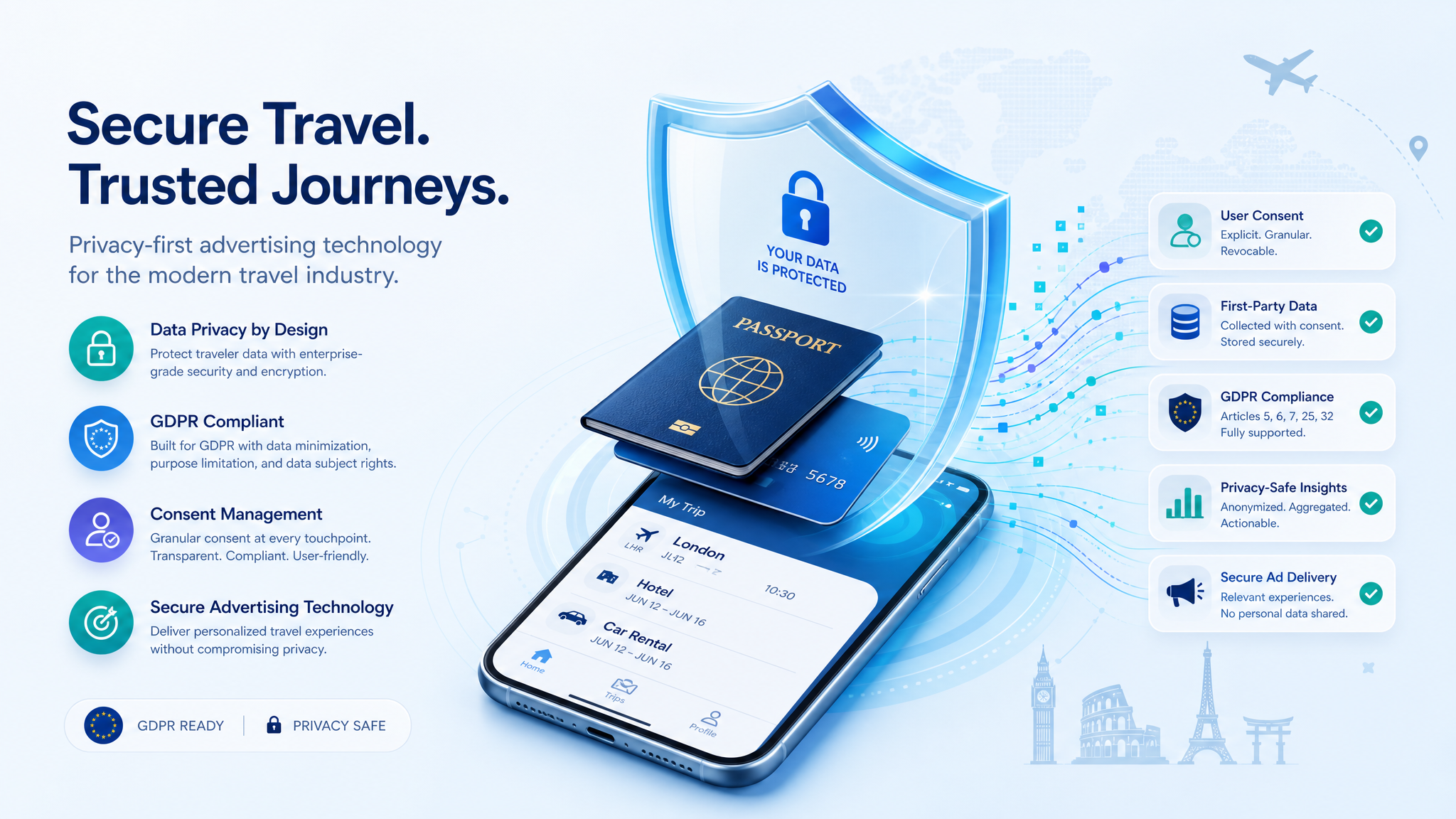 A professional B2B SaaS illustration depicting a secure digital shield over a traveler's passport, c